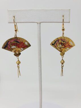 Gold Tone Asian Fan Earrings Enamel Bird Dangle Statement Vintage Style
